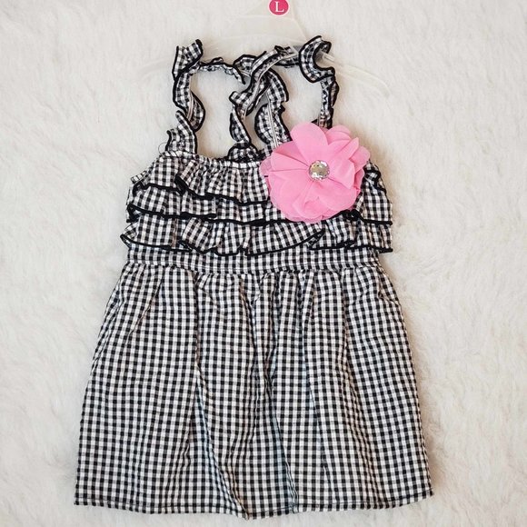 Smoochie Pooch B&W Gingham Ruffled Dog Dress Large & Pink White Polkadot Hat M/L - Picture 2 of 16